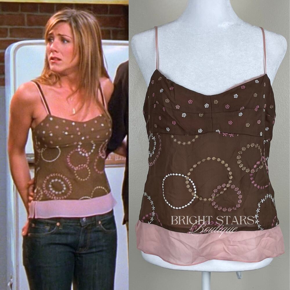 Rare Silk Top Brown Pink Embroidered ASO Friends Rachel Green Y2K Vintage